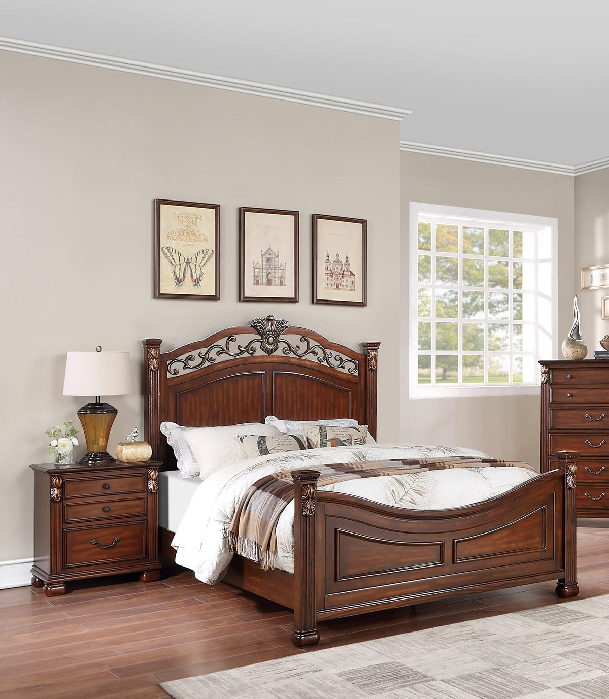 Dark Cherry California King Size Bed 3pc Set with Nightstands J1269