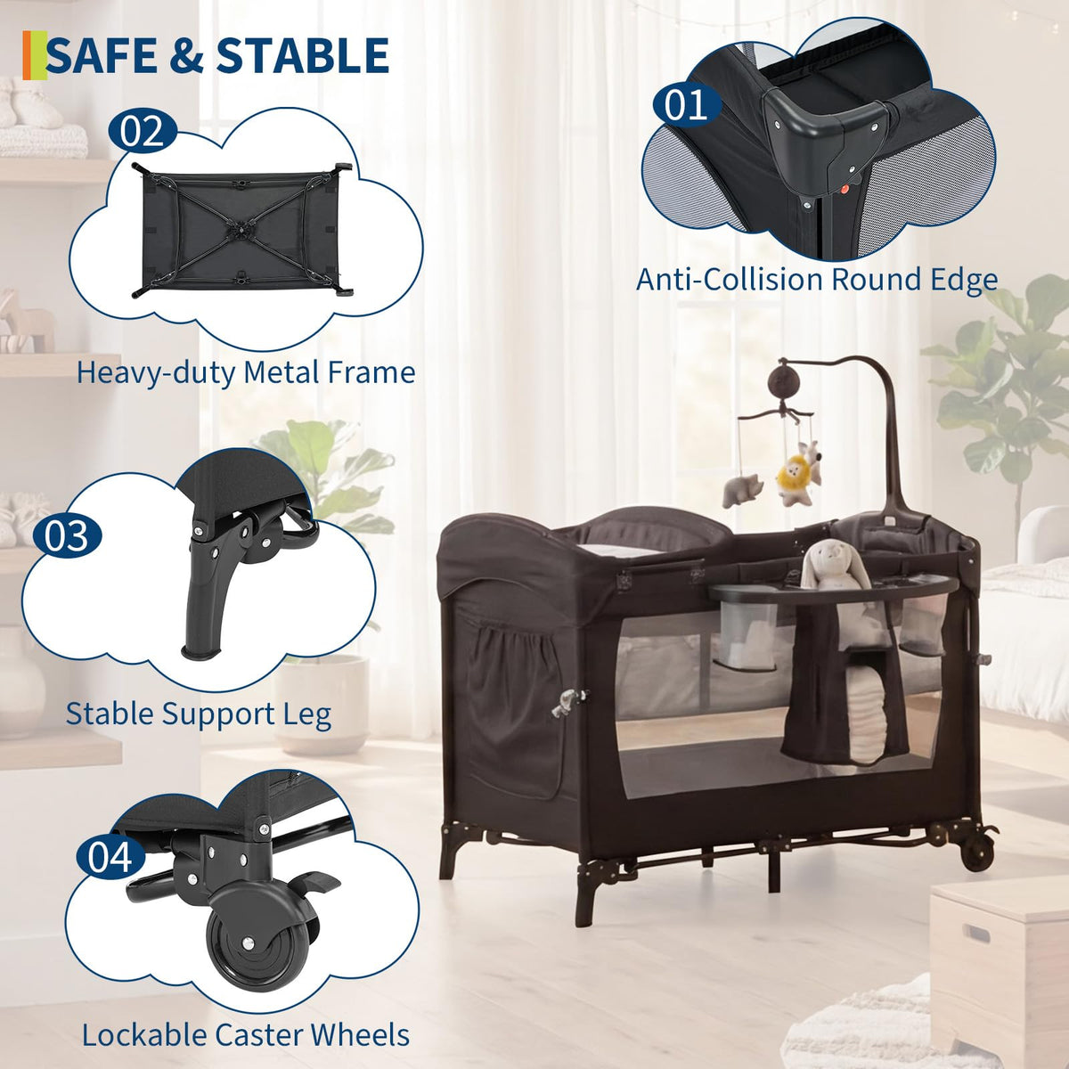 4 in 1 Pack and Play with Bassinet, Changing Table, Playpen and Carry Bag B420018