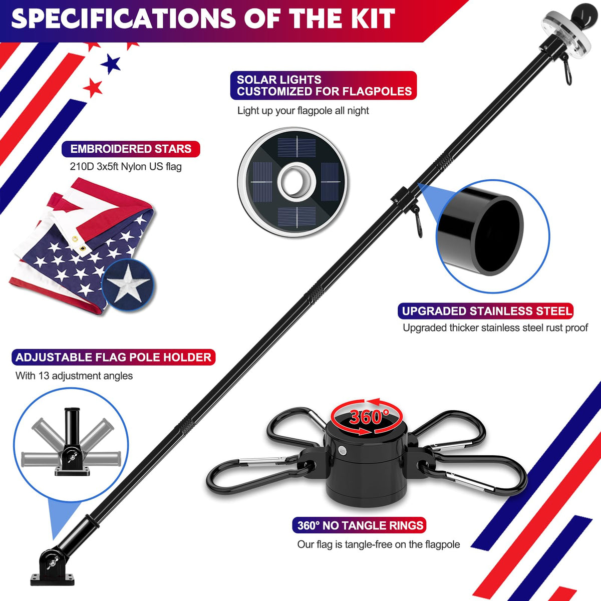 5FT Black Stainless Steel Flag Pole Kit with Solar Light and American Flag H99604