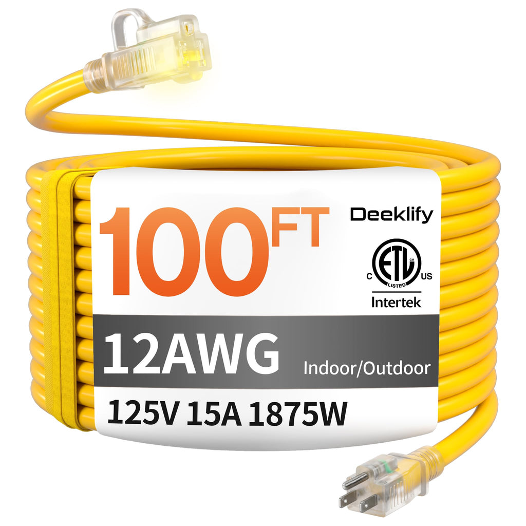 100FT Heavy Duty Outdoor Extension Cord Waterproof Yellow L6774