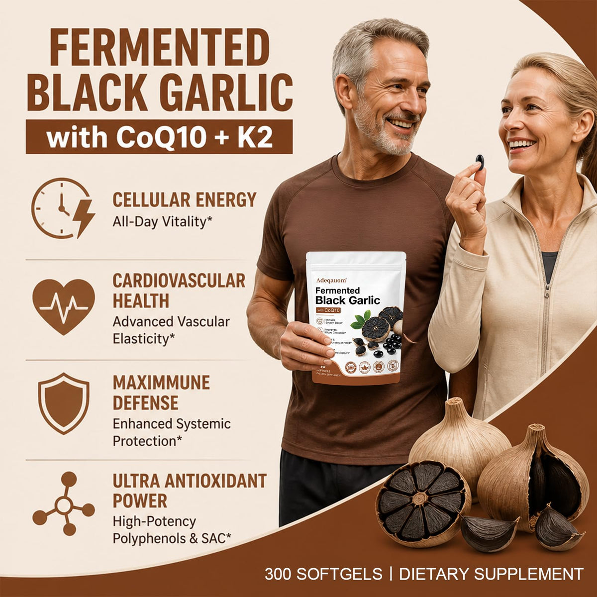 Black Aged Garlic Extract with CoQ10 Ubiquinol & Vitamin K2, 300 Softgels R7247