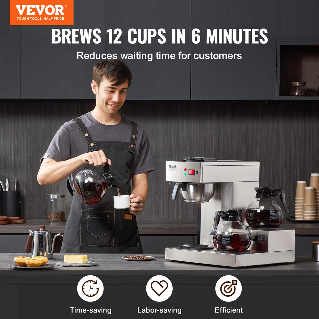 12 Cups Commercial Drip Coffee Maker with 3 Glass Carafes and Warmer Plates U699172