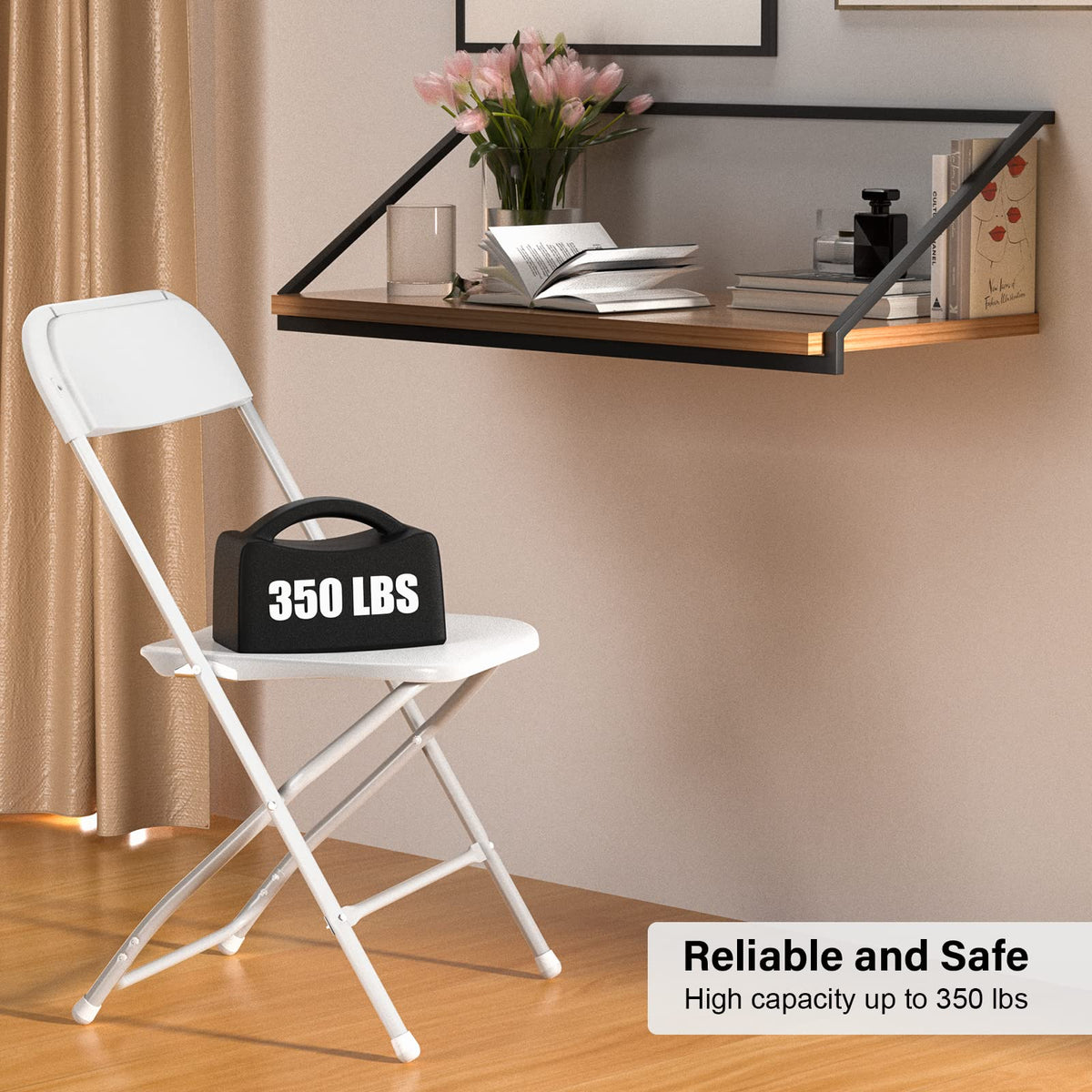 White Plastic Folding Chairs, Set of 2, Steel Frame E18646