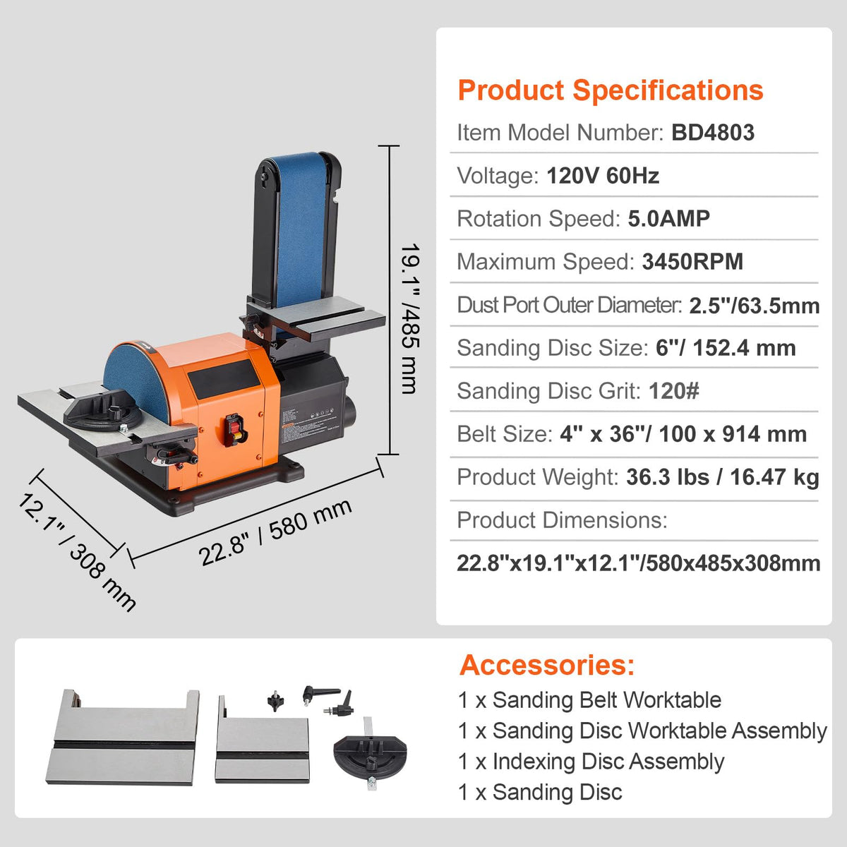 8" Disc and 4" x 36" Belt Sander with 5A Induction Motor T99753