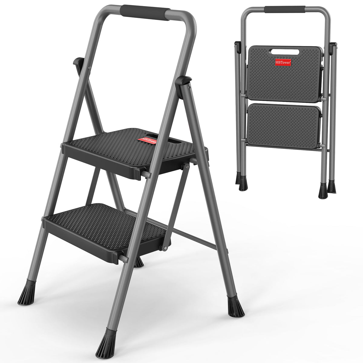 2 Step Folding Step Ladder 300 lbs Capacity with Handrail Gray X728073