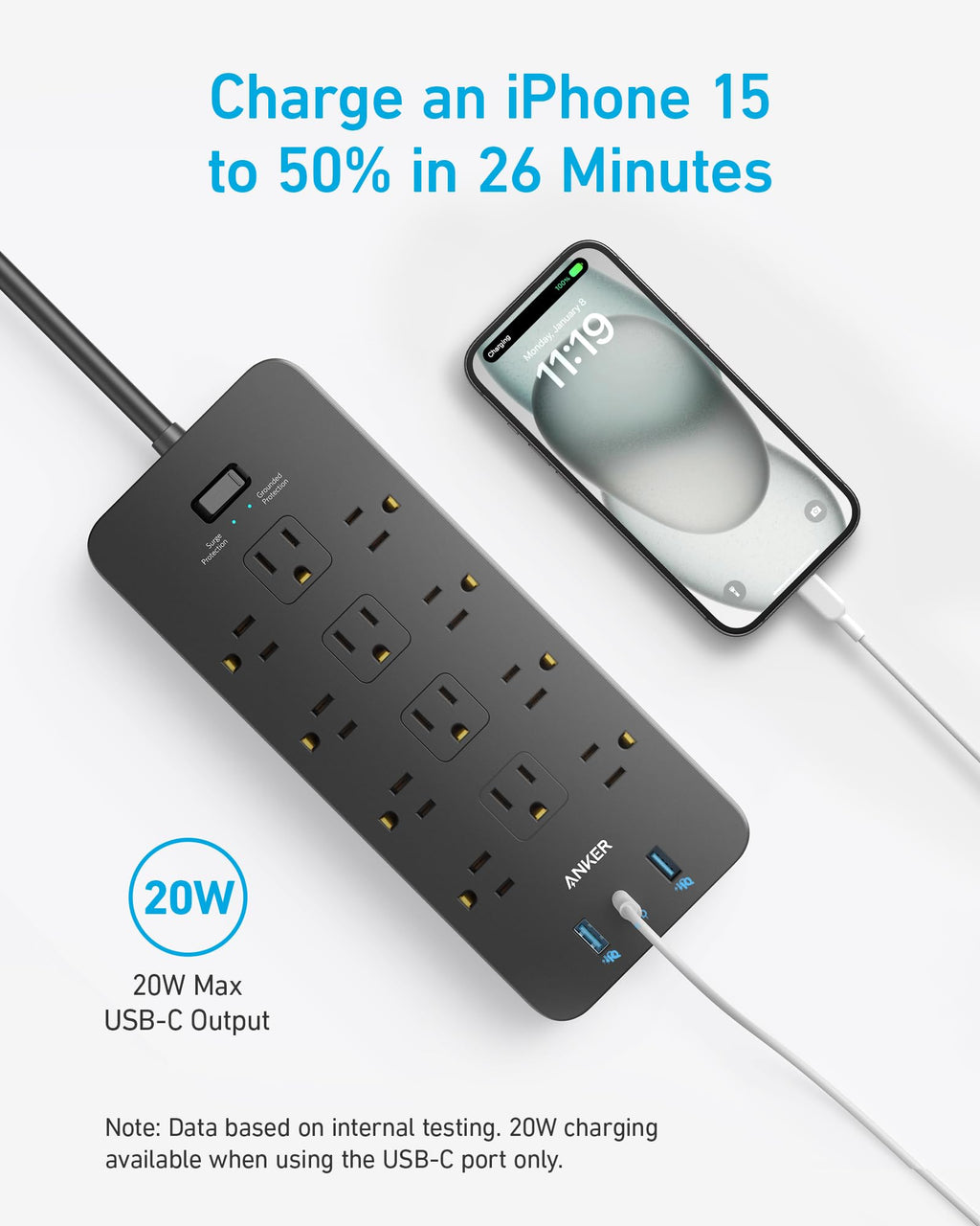 Power Strip with Surge Protector, Outlet Extender, 20W, 12 AC N9724
