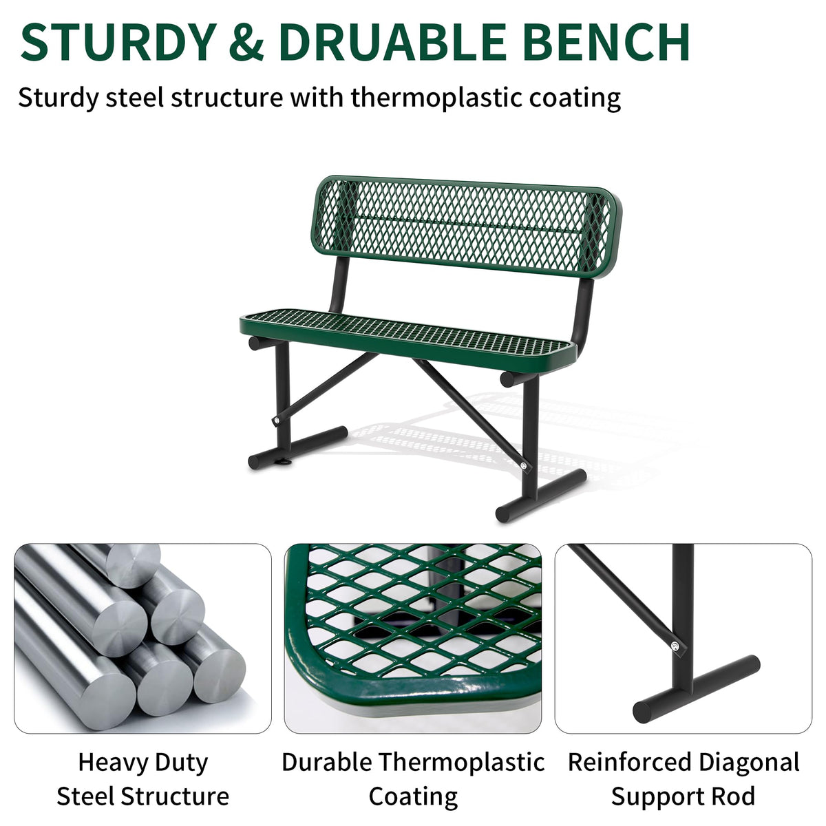 4FT Heavy Duty Metal Outdoor Bench with Backrest V10316
