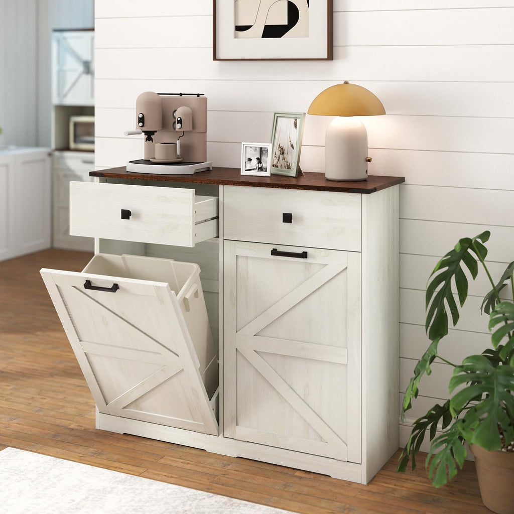 White 20 Gallon Wooden Tilt Out Trash Cabinet L95804