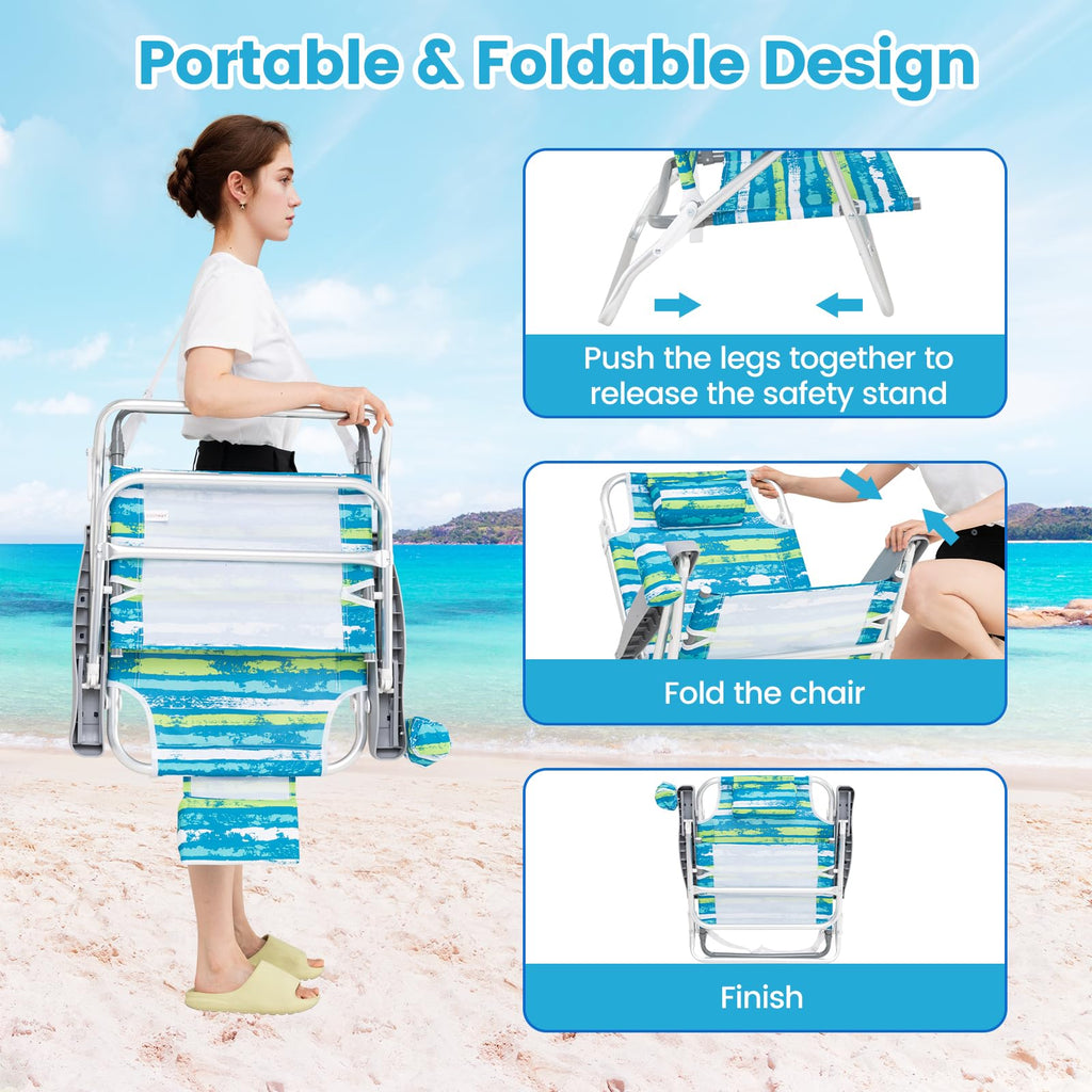 2Pcs Folding Camping Chair with Adjustable Backrest, Cup Holder & Headrest, Green J3327