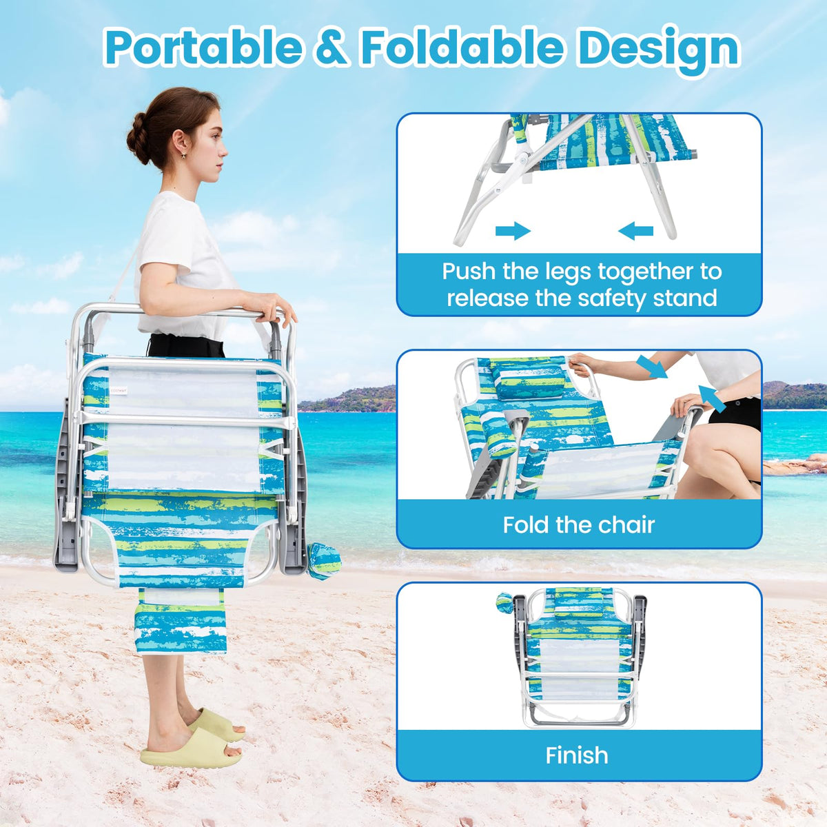 2Pcs Folding Camping Chair with Adjustable Backrest, Cup Holder & Headrest, Green J3327