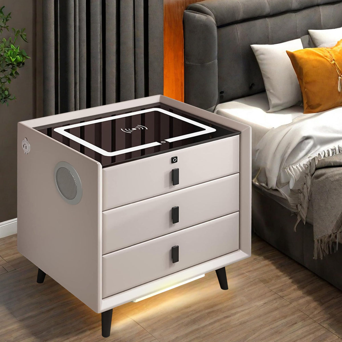 White 3 Drawer LED Nightstand with Wireless Charging L490665
