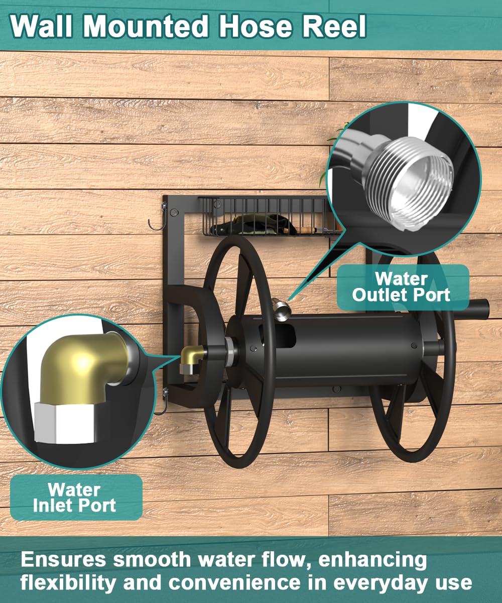Wall Mounted Hose Reel with Storage Basket, Black R2274