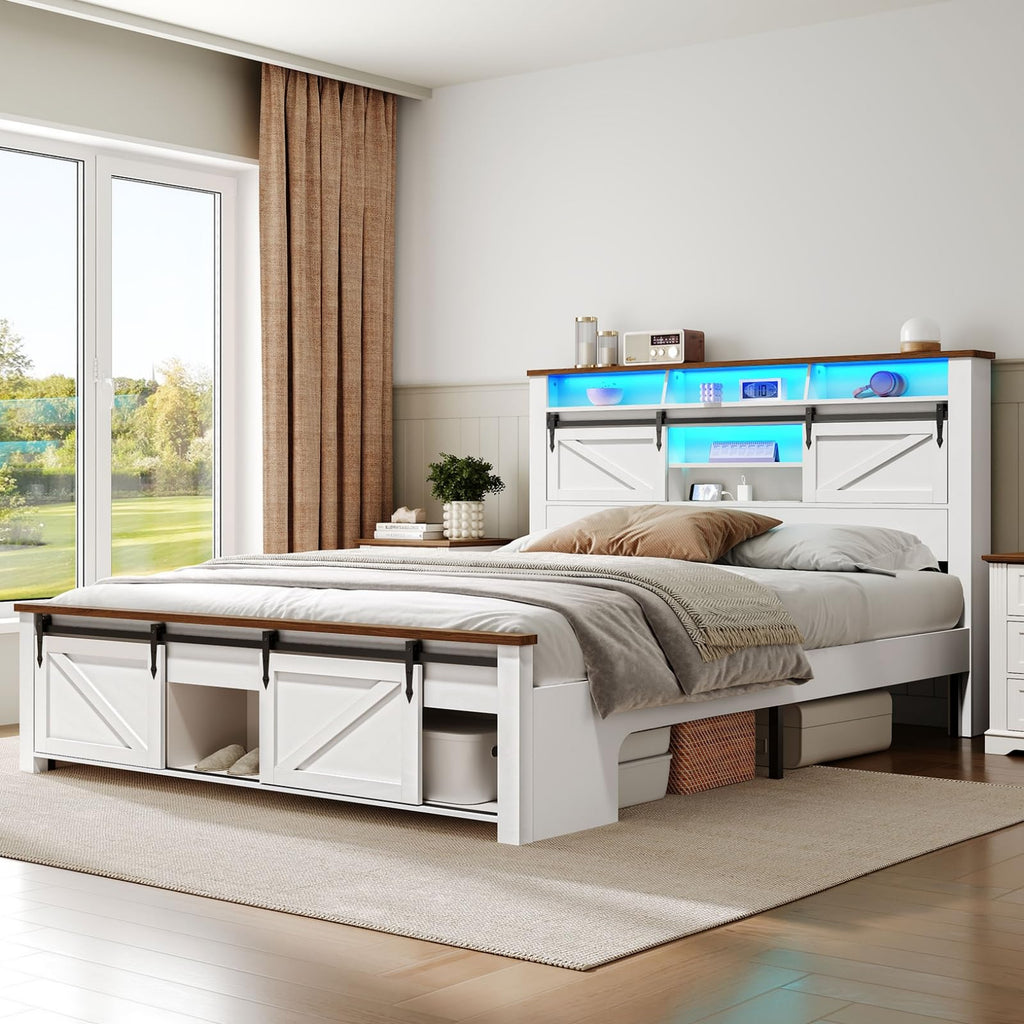 White and Walnut Full Size Storage Bed Frame X8005