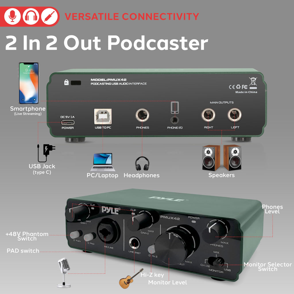 USB Audio Interface 2 Inputs 2 Outputs 48V Phantom Power Metal B881