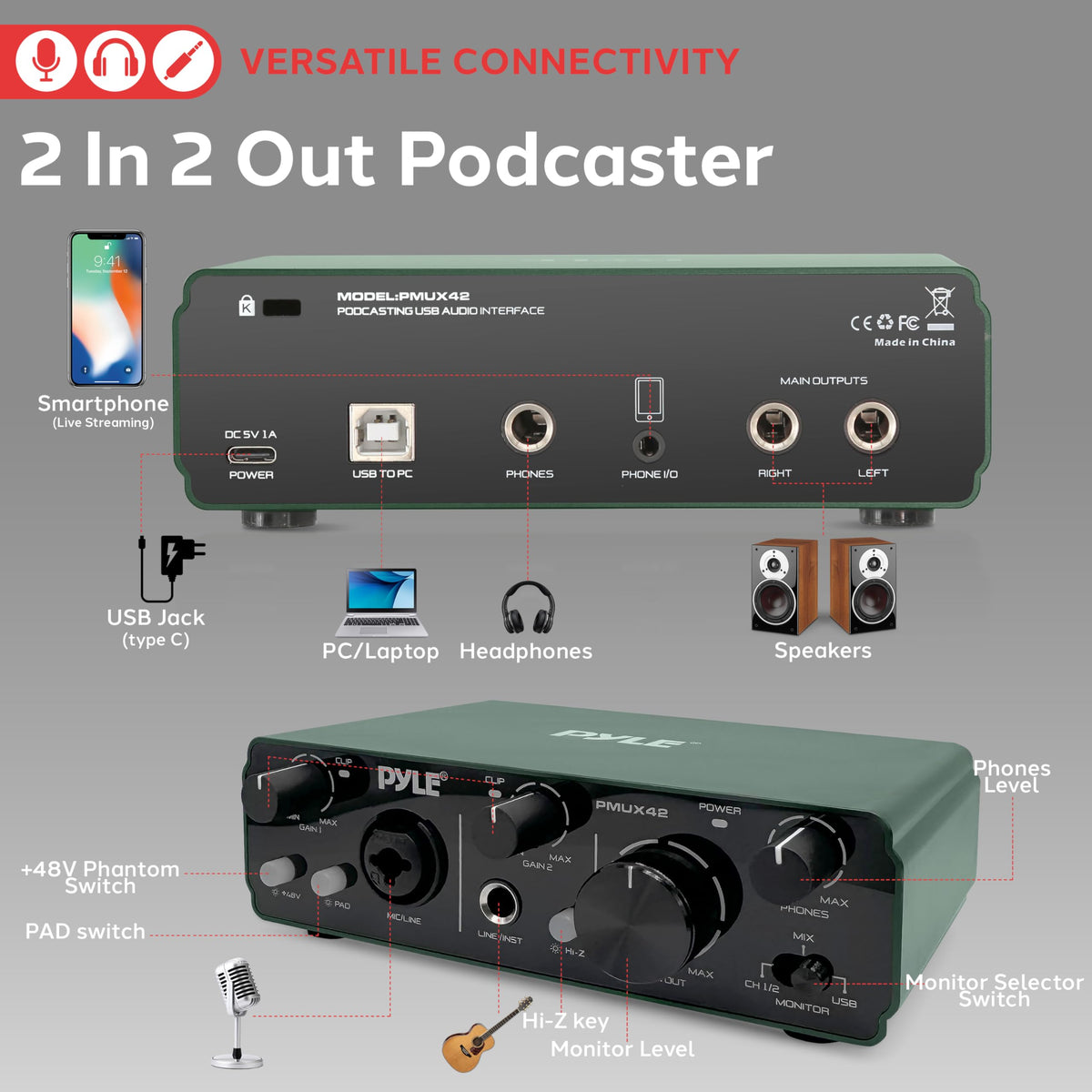 USB Audio Interface 2 Inputs 2 Outputs 48V Phantom Power Metal B881