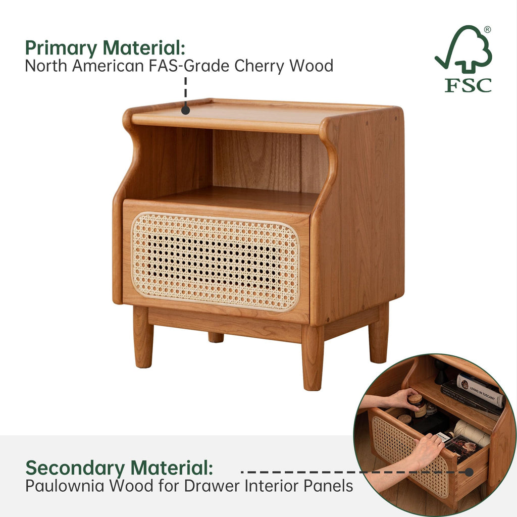 Cherry Wood Rattan Nightstand with Drawer T354
