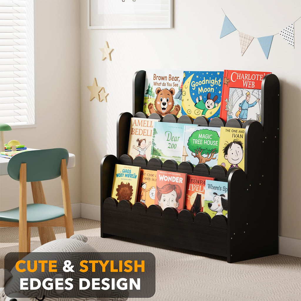 Black 3-Tier Scalloped Wooden Bookshelf K5783