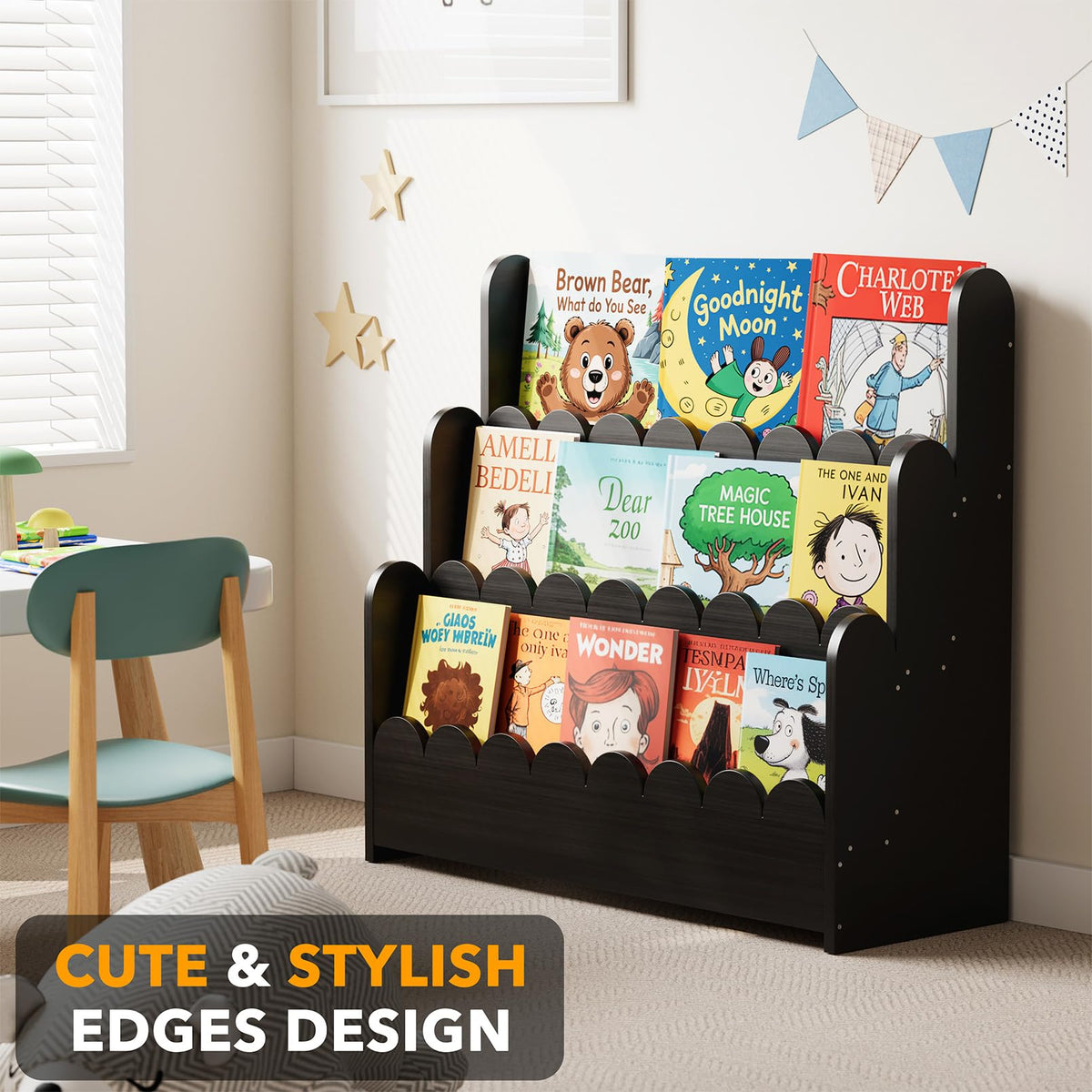 Black 3-Tier Scalloped Wooden Bookshelf K5783