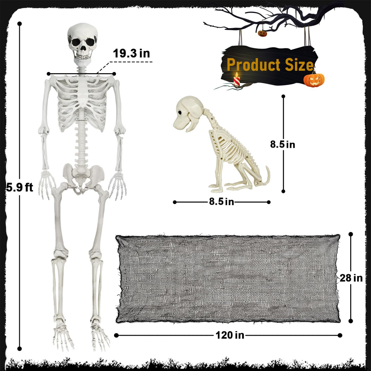 Life Size Posable Skeleton with Dog & Creepy Cloth W5147