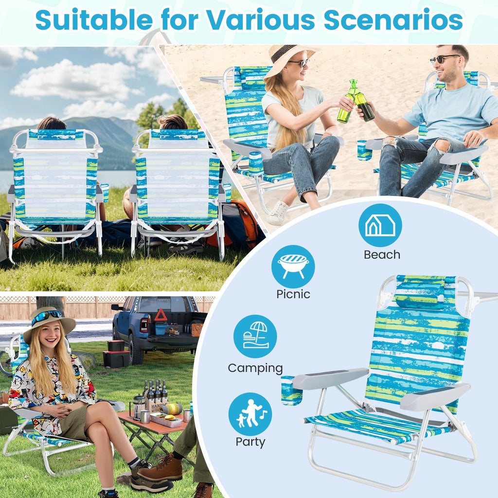 2Pcs Folding Camping Chair with Adjustable Backrest, Cup Holder & Headrest, Green J3327