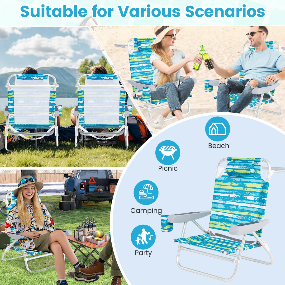 2Pcs Folding Camping Chair with Adjustable Backrest, Cup Holder & Headrest, Green J3327