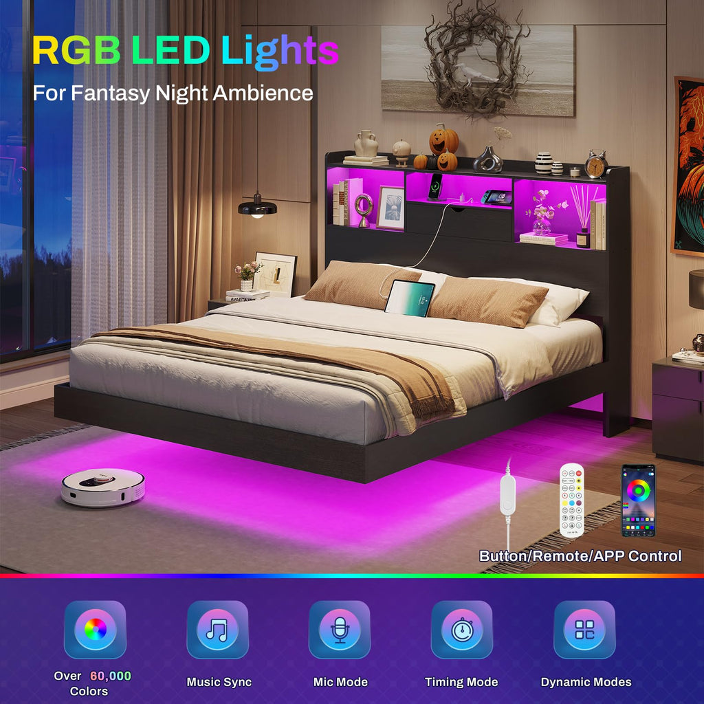 Queen Size Metal Platform Bed Frame with LED Lights and Storage Headboard R98991