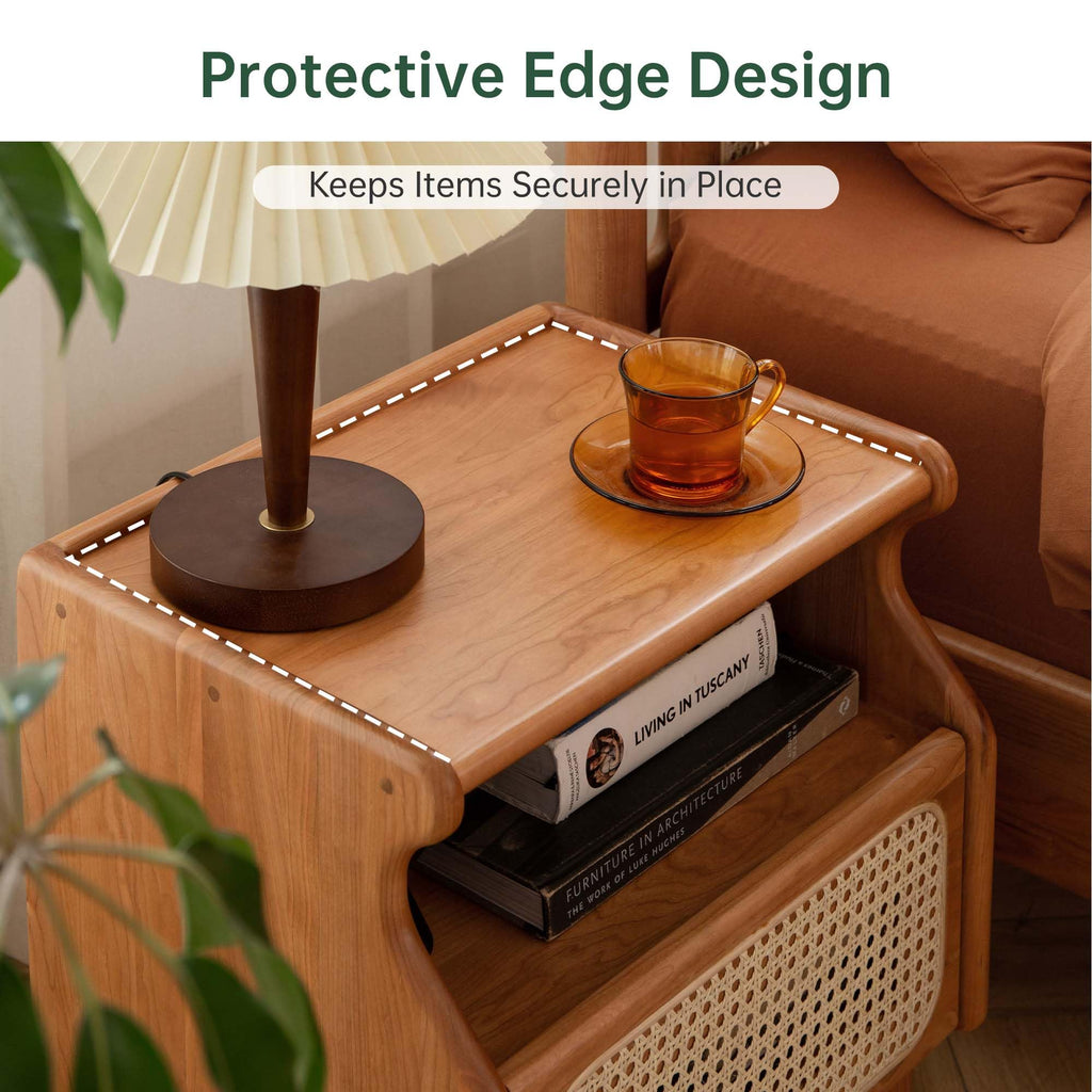 Cherry Wood Rattan Nightstand with Drawer T354