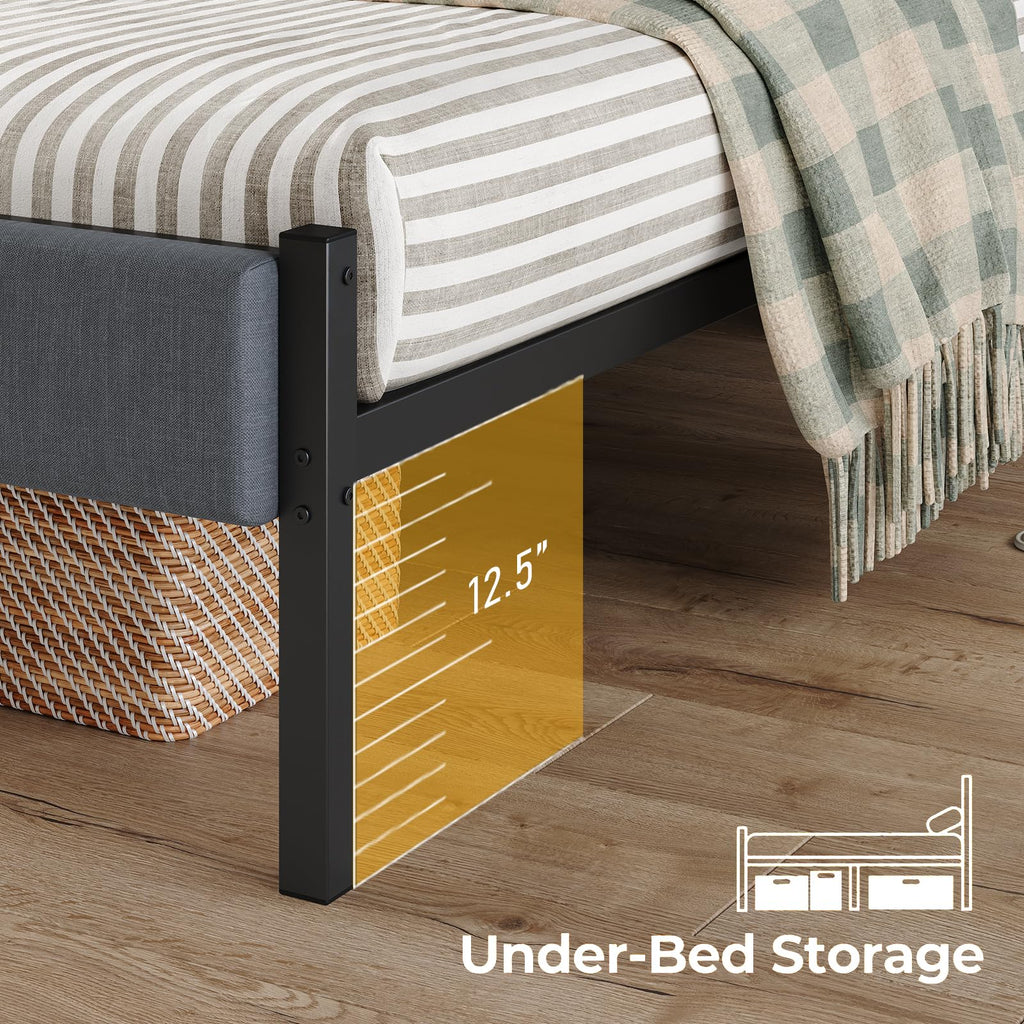 Twin Bed Frame with Charging Station, LED Lights, Grey Upholstered Headboard, Under Bed Storage E7655