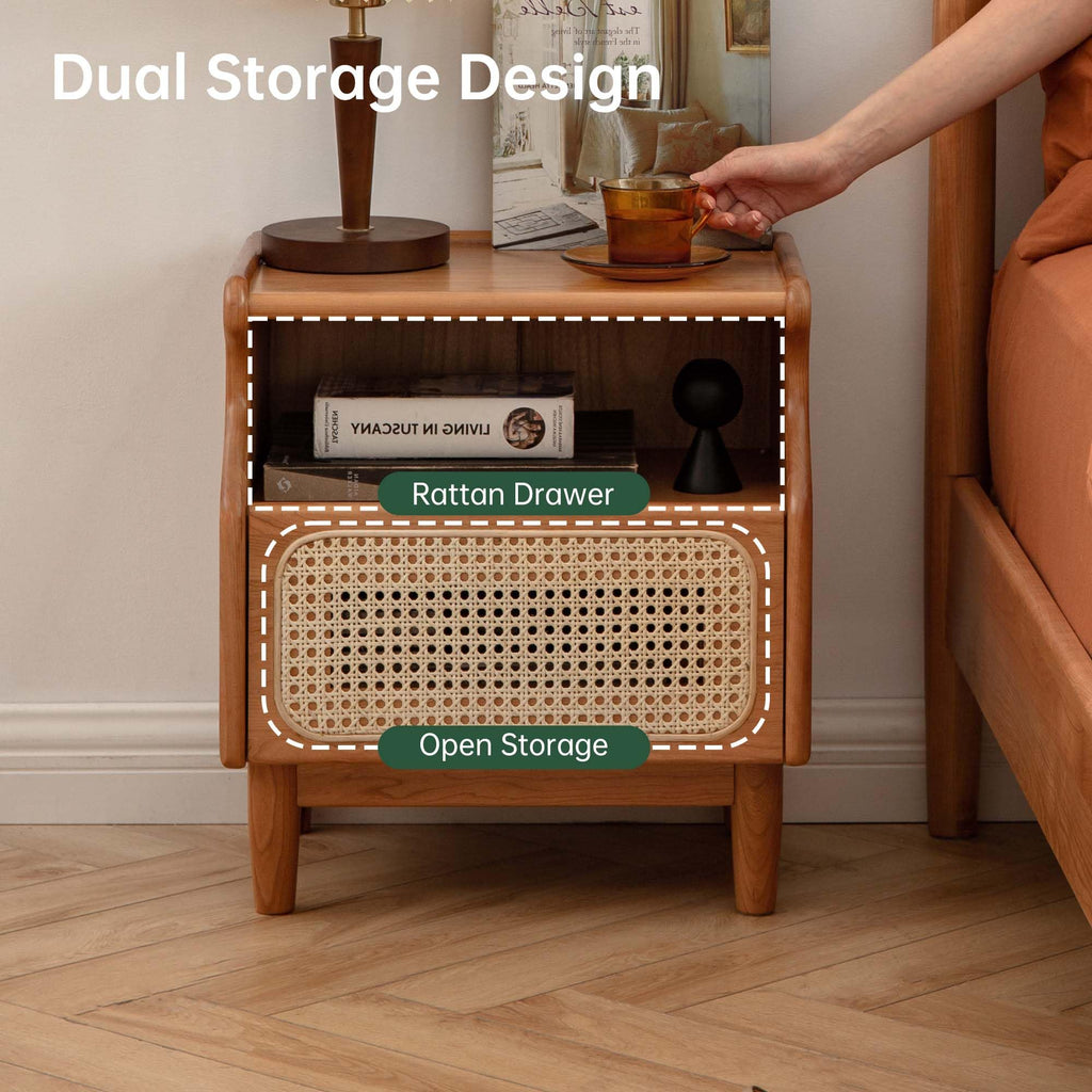 Cherry Wood Rattan Nightstand with Drawer T354