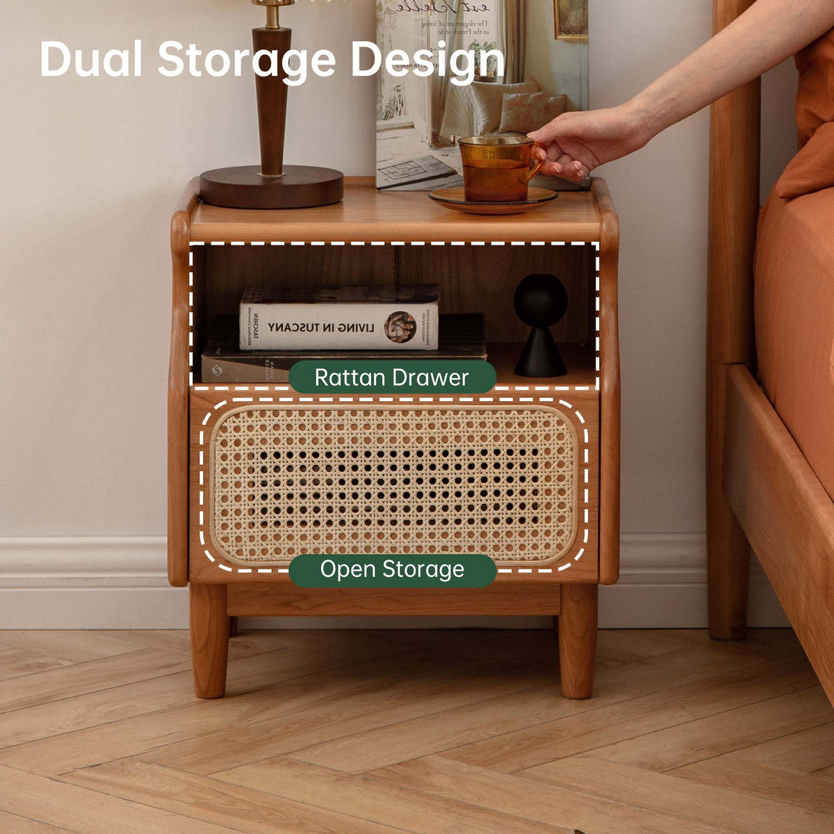 Cherry Wood Rattan Nightstand with Drawer T354