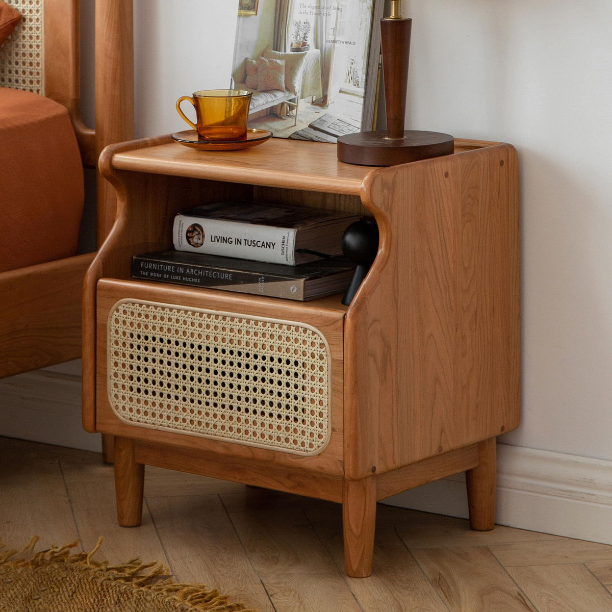 Cherry Wood Rattan Nightstand with Drawer T354