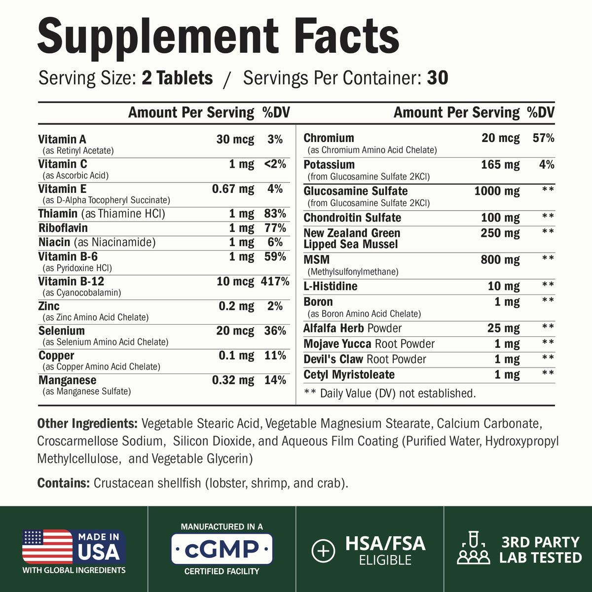 Glucosamine Chondroitin MSM Joint Supplements 60 Tabs Q314
