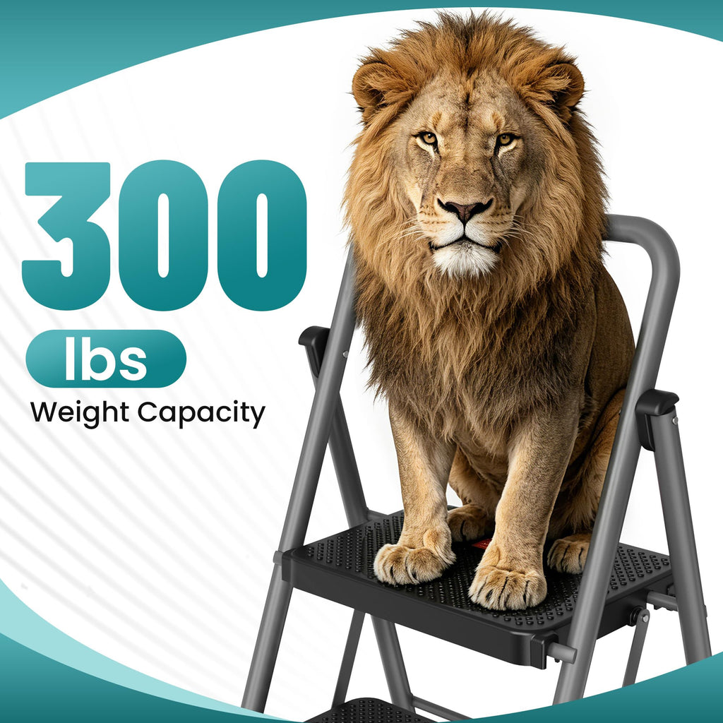 2 Step Folding Step Ladder 300 lbs Capacity with Handrail Gray X728073