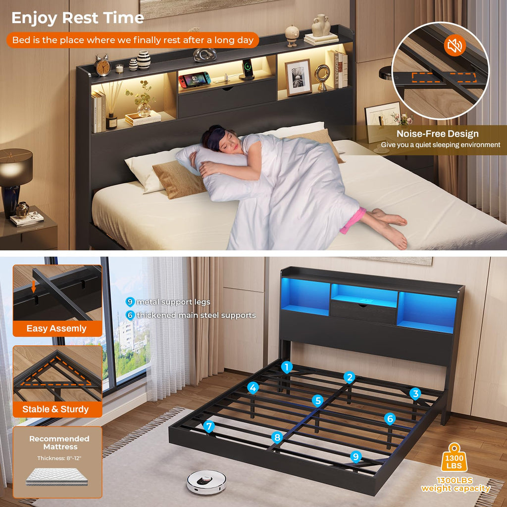 Queen Size Metal Platform Bed Frame with LED Lights and Storage Headboard R98991