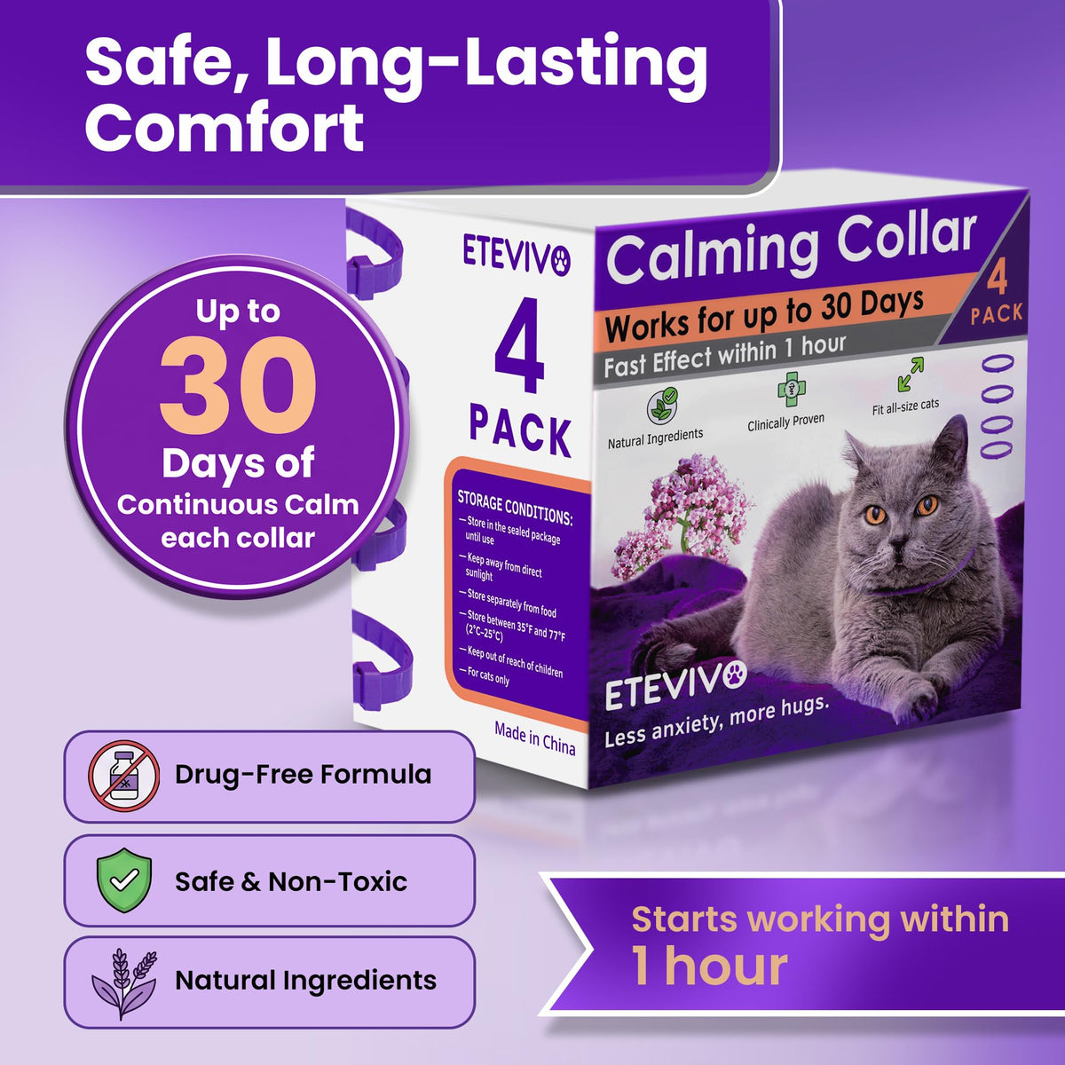 4 Pack Adjustable Calming Collar for Cats V5419