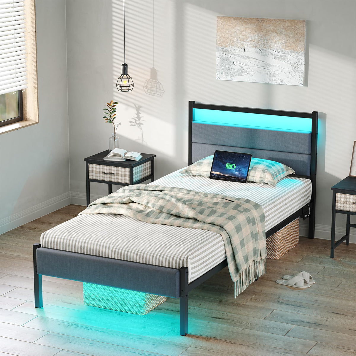 Twin Bed Frame with Charging Station, LED Lights, Grey Upholstered Headboard, Under Bed Storage E7655