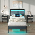 Twin Bed Frame with Charging Station, LED Lights, Grey Upholstered Headboard, Under Bed Storage E7655