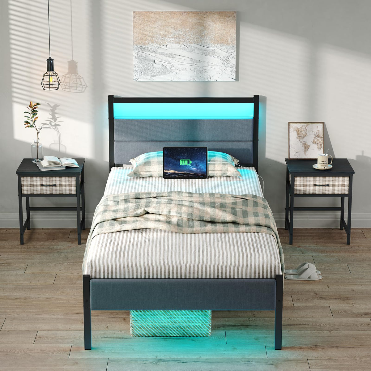 Twin Bed Frame with Charging Station, LED Lights, Grey Upholstered Headboard, Under Bed Storage E7655