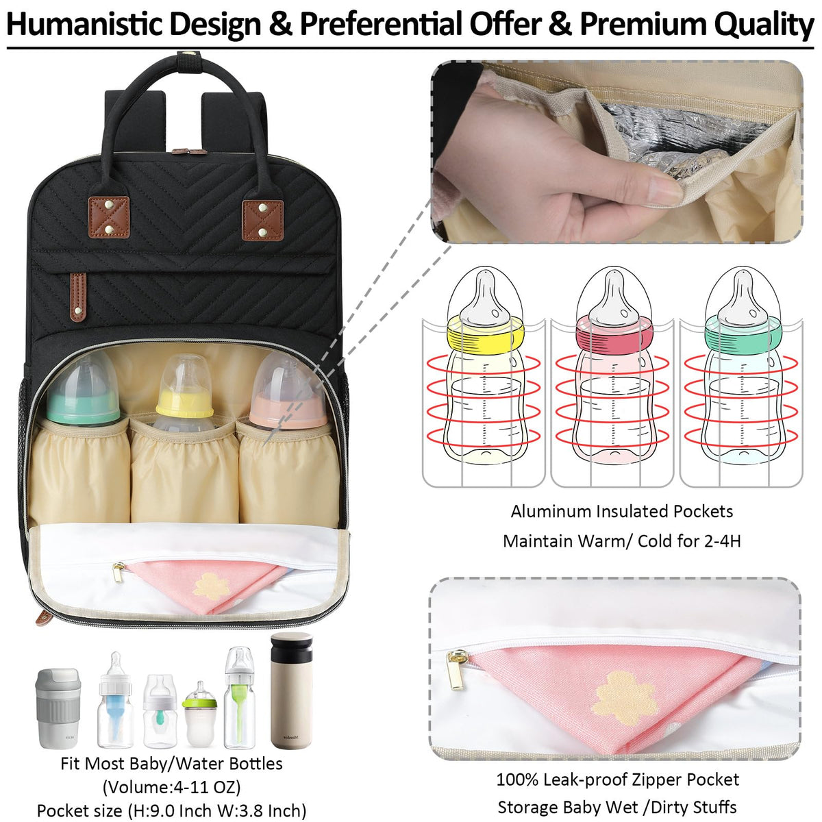 Diaper Bag Backpack with Insulated Pockets Black I42076