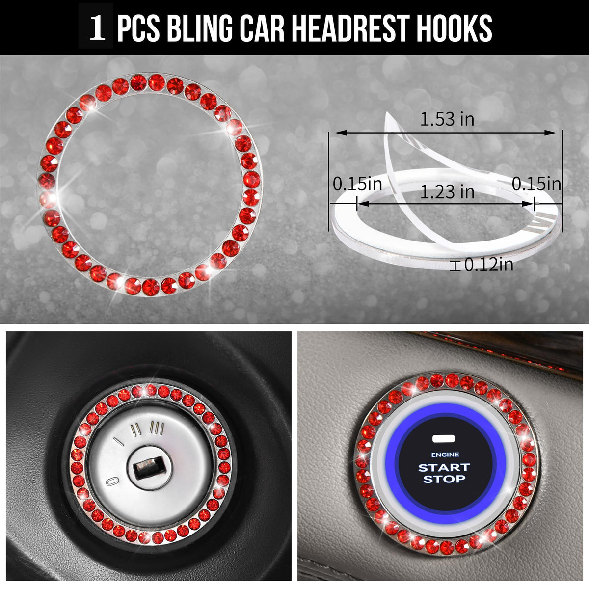 23 Pcs Bling Diamond Car Accessories Set Red V5917