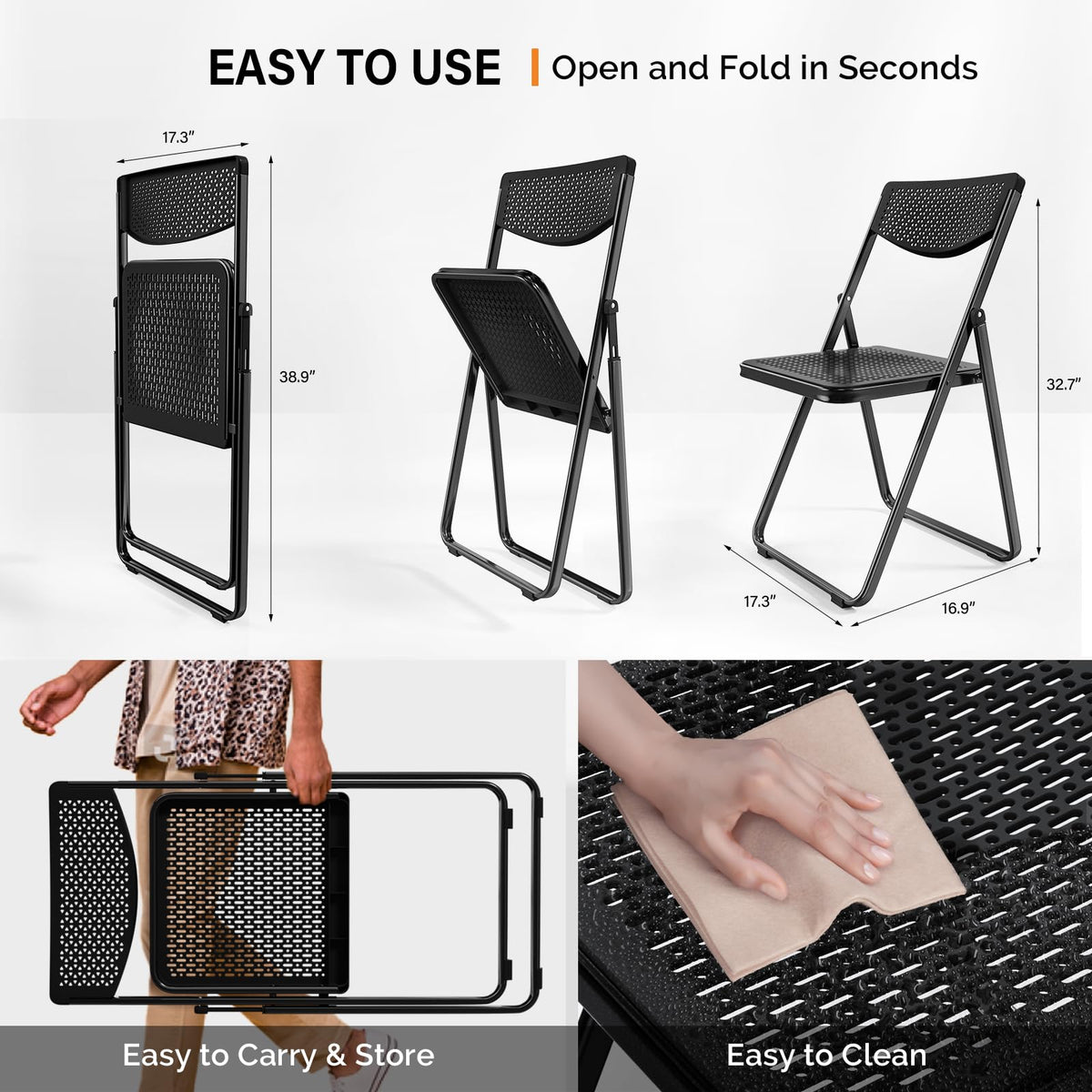Black Plastic Folding Chairs with Mesh Seat, 10 Pack Q754