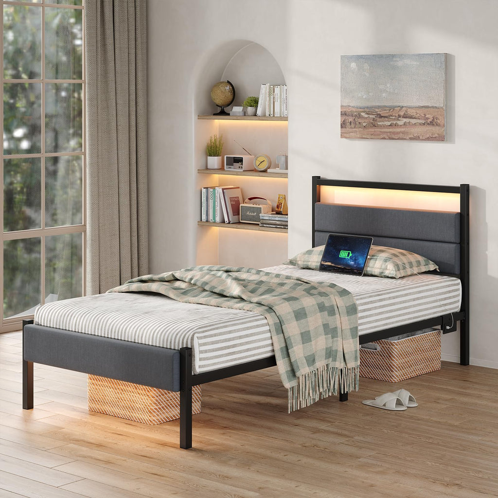 Twin Bed Frame with Charging Station, LED Lights, Grey Upholstered Headboard, Under Bed Storage E7655