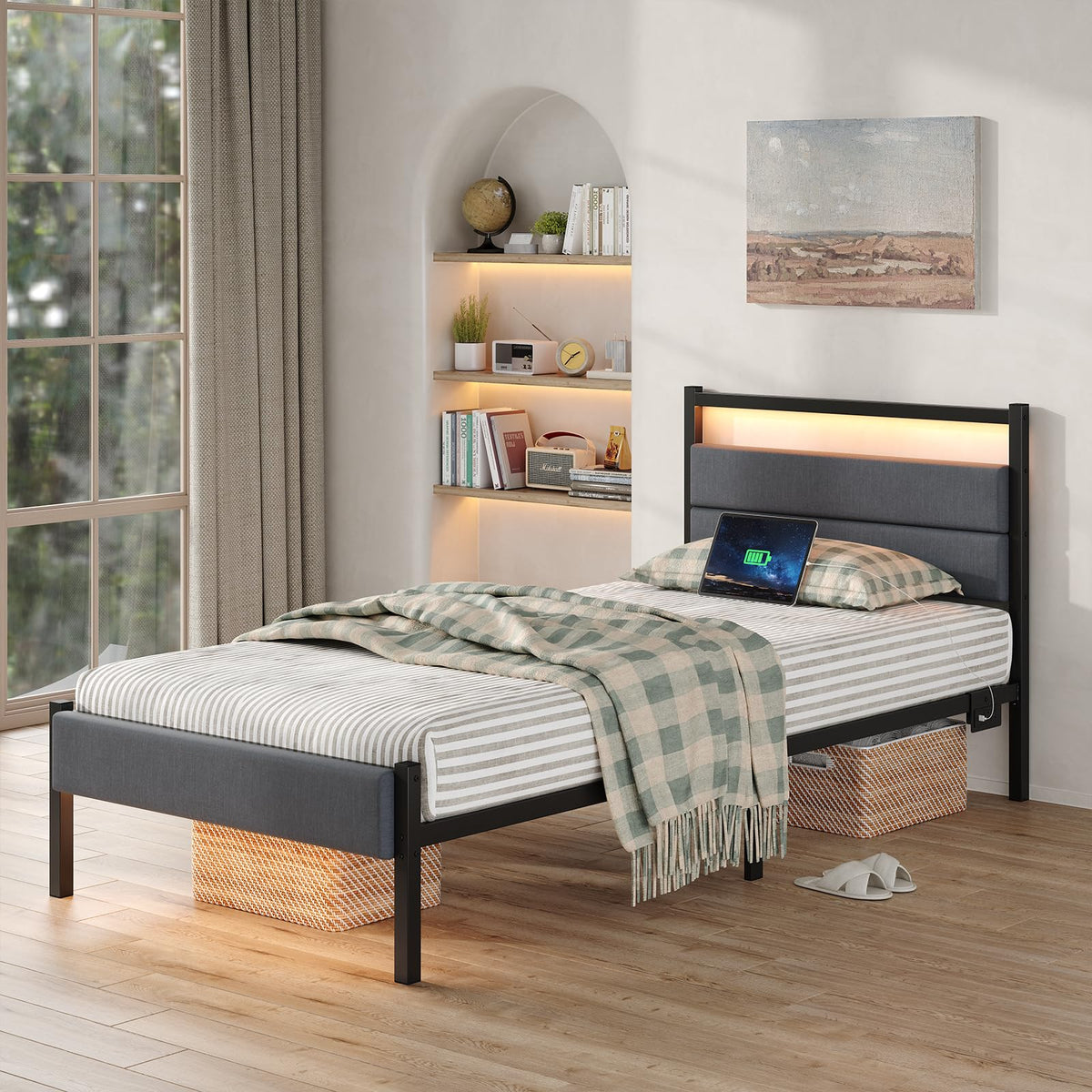 Twin Bed Frame with Charging Station, LED Lights, Grey Upholstered Headboard, Under Bed Storage E7655