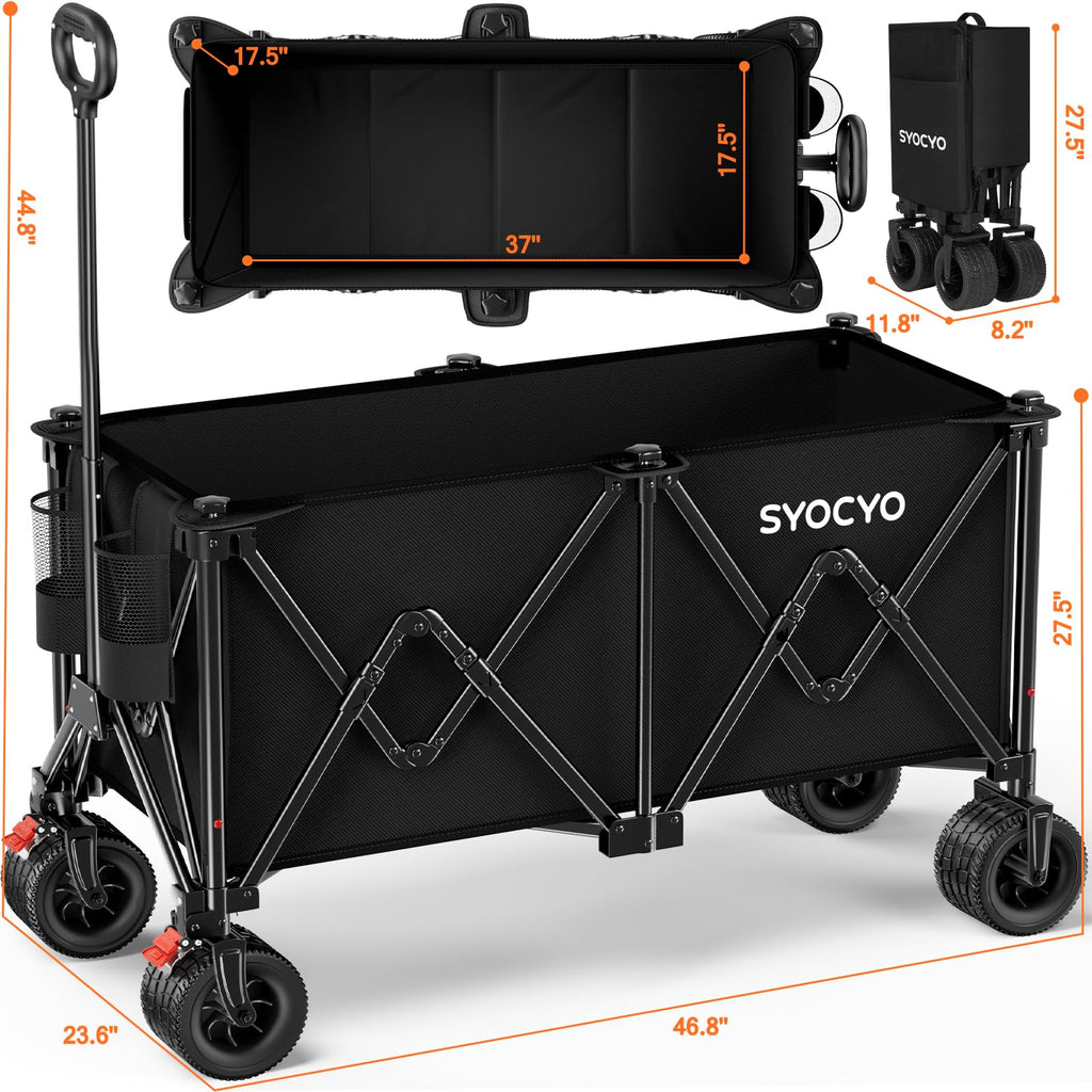 Foldable Collapsible Wagon with All-Terrain Wheels and Cup Holders, Black U203