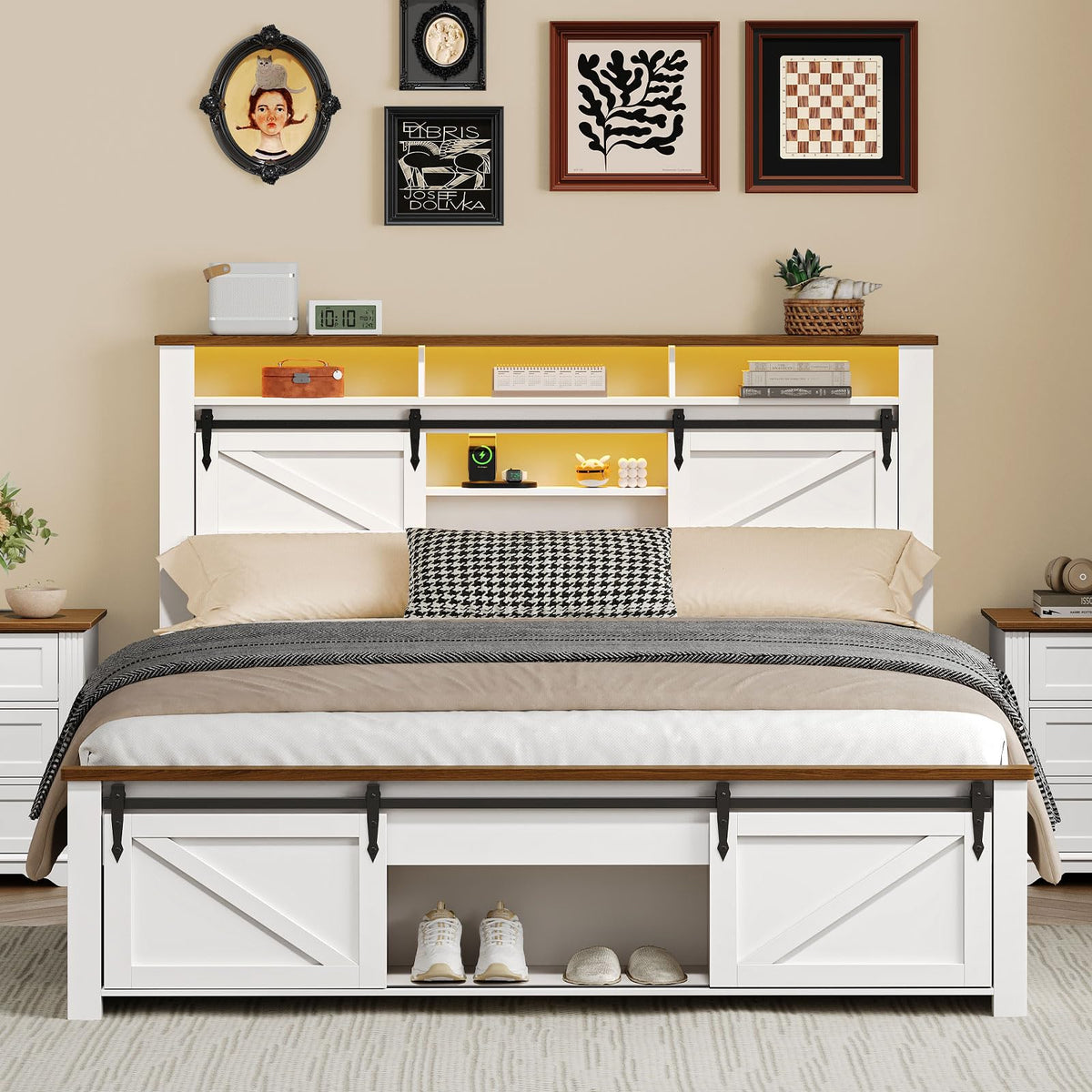 White and Walnut Full Size Storage Bed Frame X8005