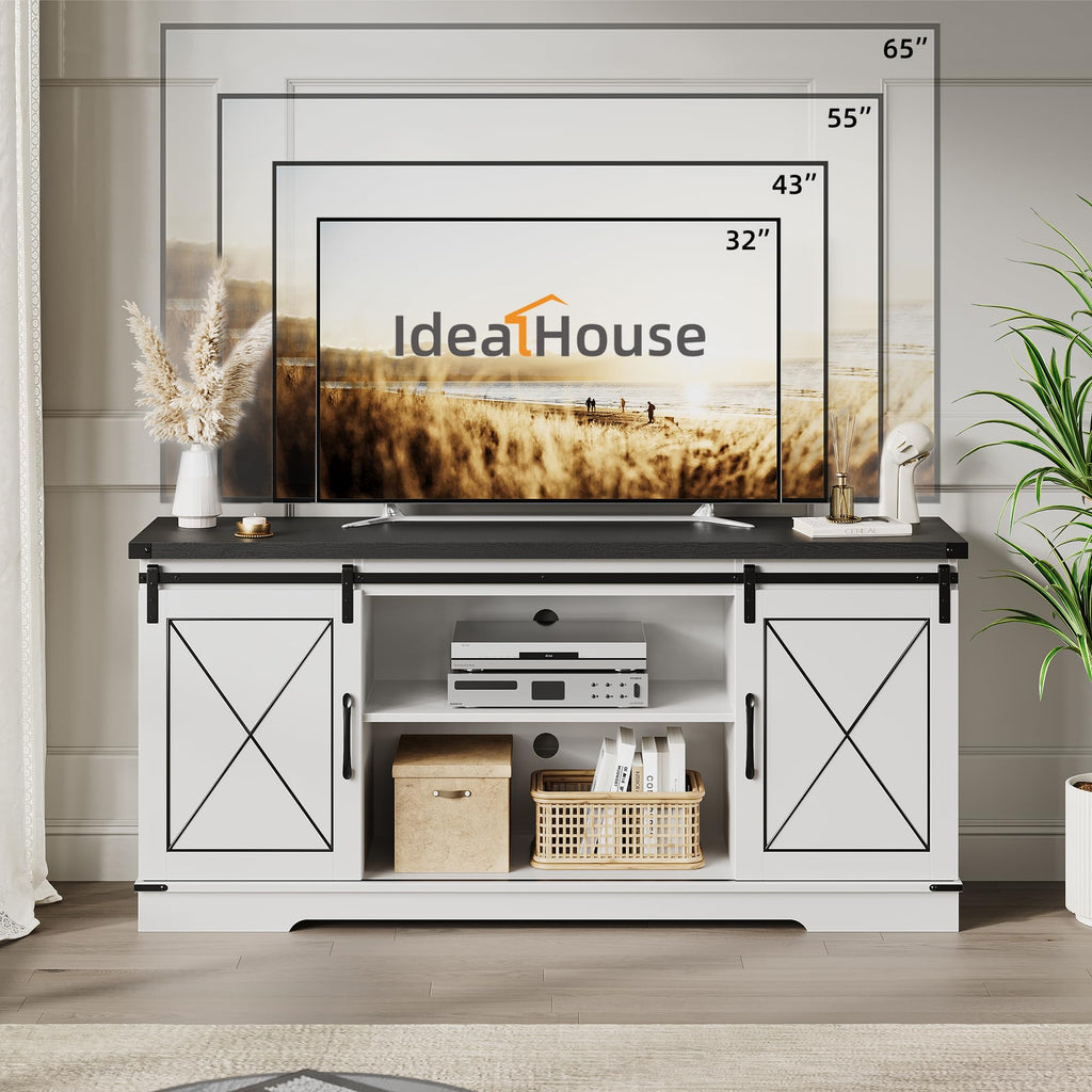 Farmhouse TV Stand with Sliding Barn Doors and Adjustable Shelves V3028