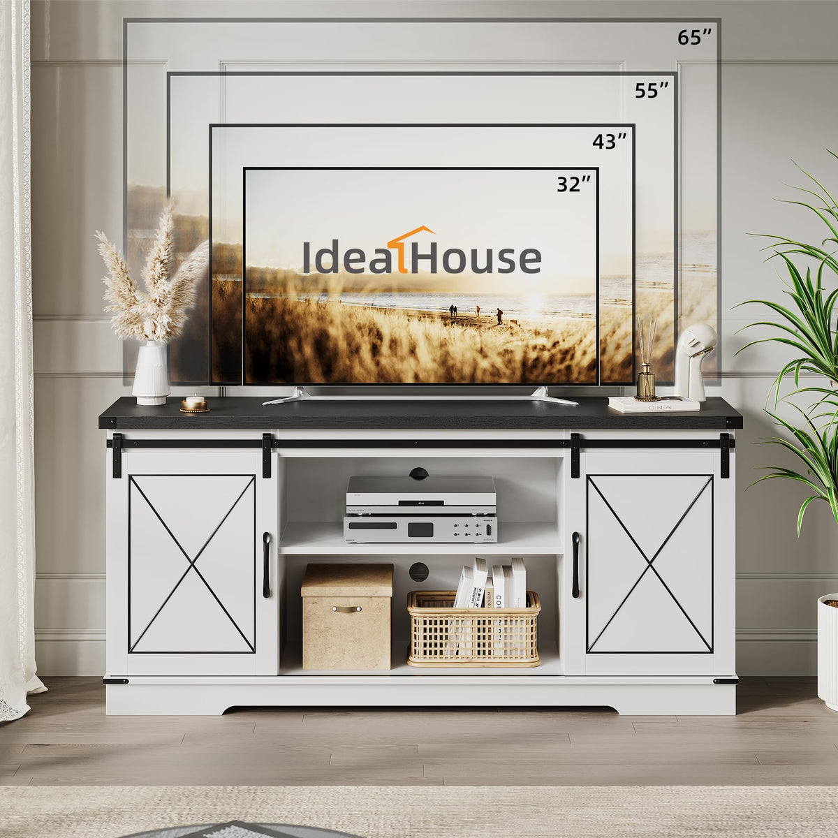Farmhouse TV Stand with Sliding Barn Doors and Adjustable Shelves V3028