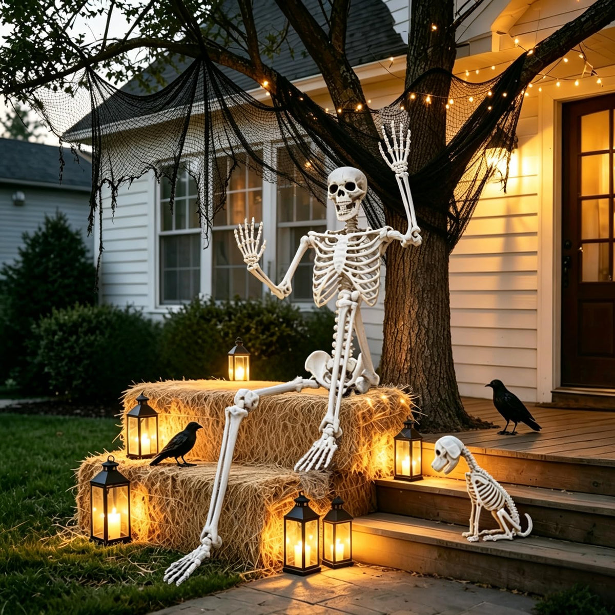 Life Size Posable Skeleton with Dog & Creepy Cloth W5147