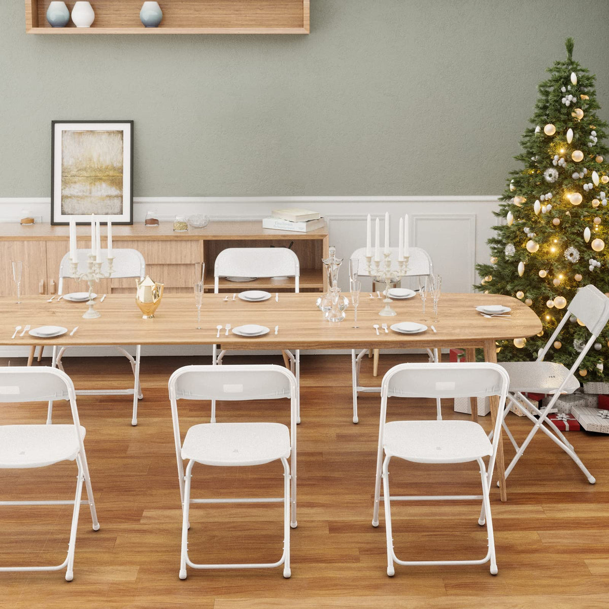 White Plastic Folding Chairs, Set of 2, Steel Frame E18646