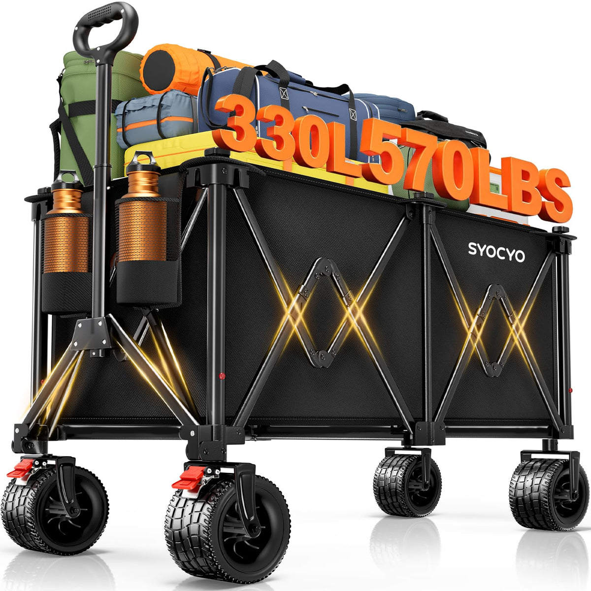 Foldable Collapsible Wagon with All-Terrain Wheels and Cup Holders, Black U203